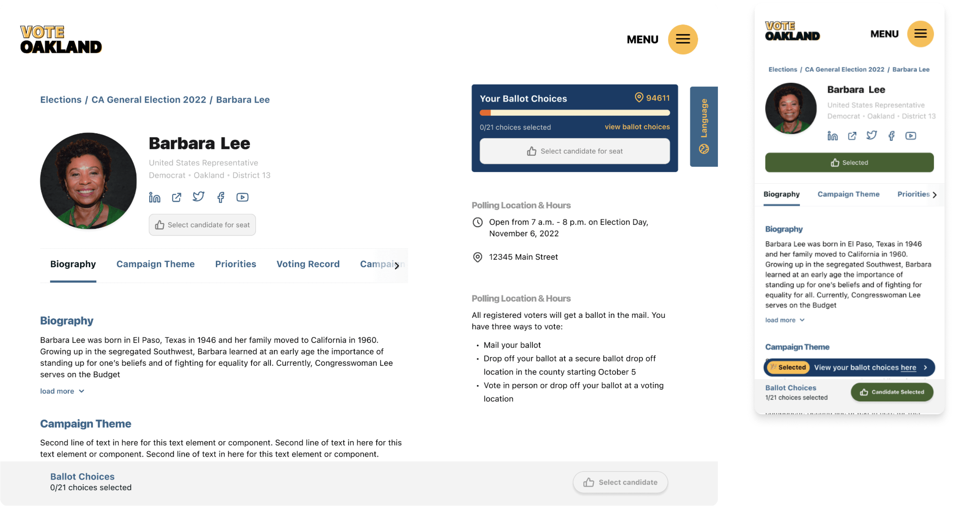 Mockups of candidate page for desktop and mobile