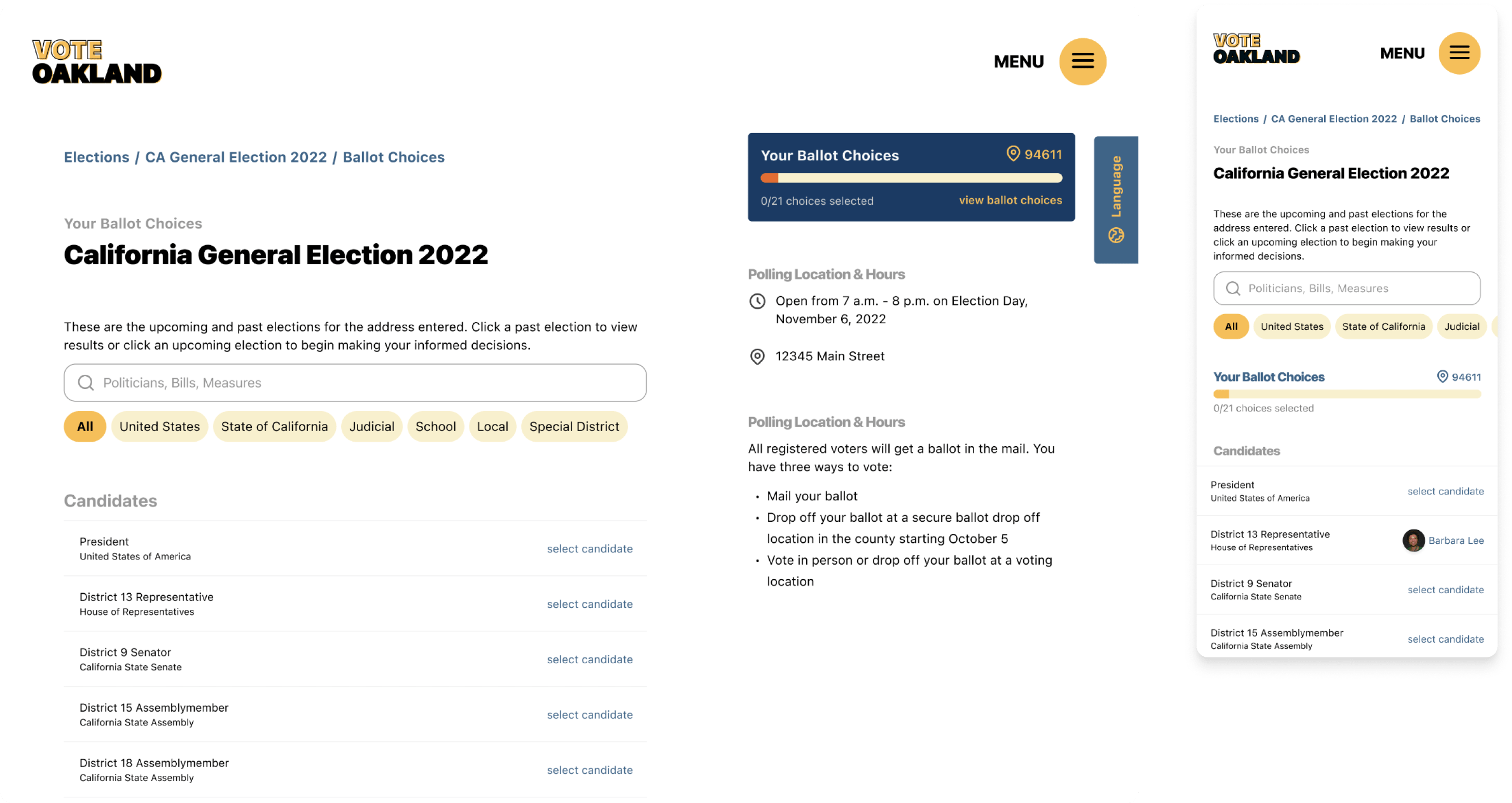 Mockups of ballot choice page for desktop and mobile
