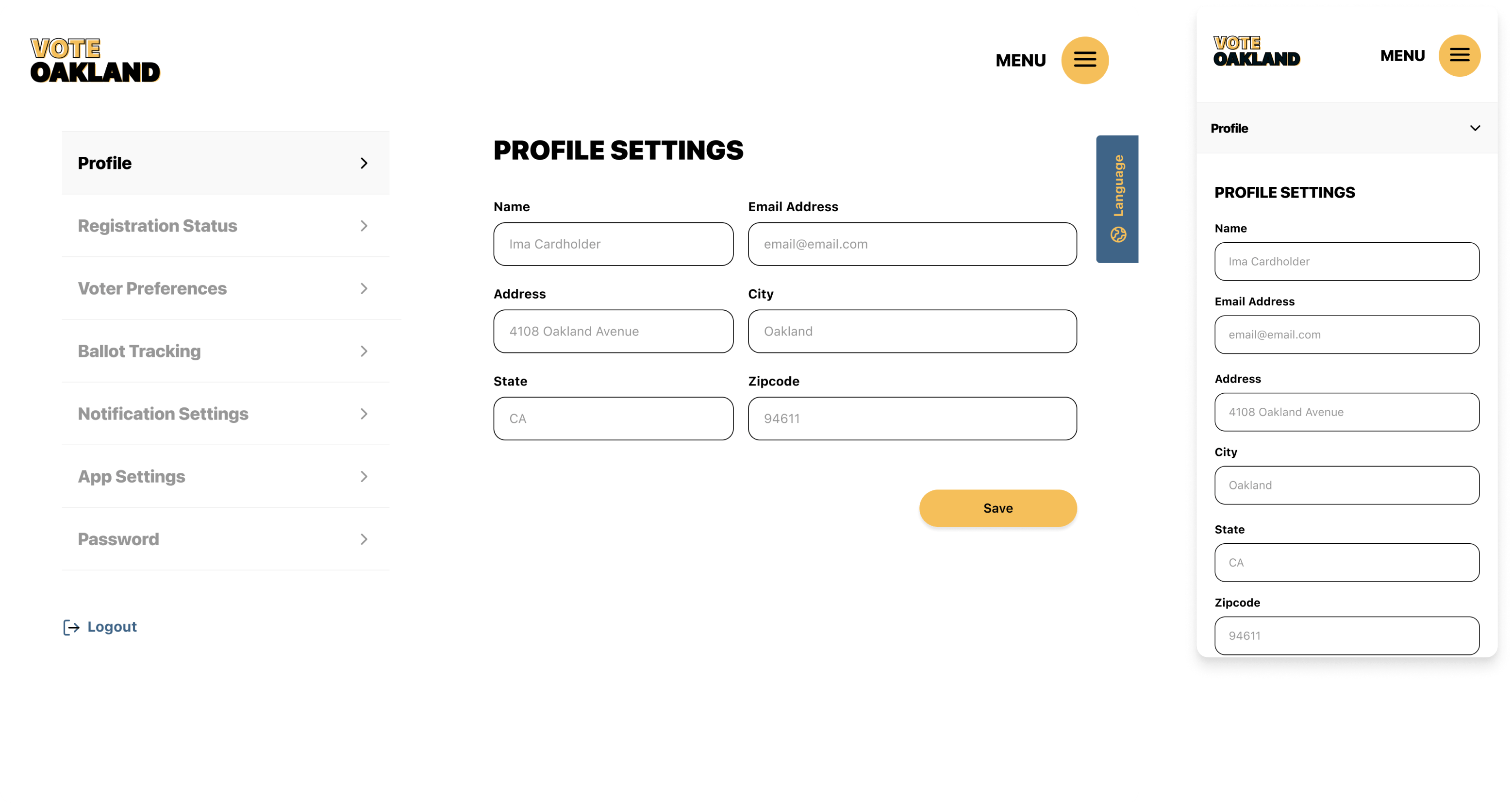 Profile settings page for desktop and mobile