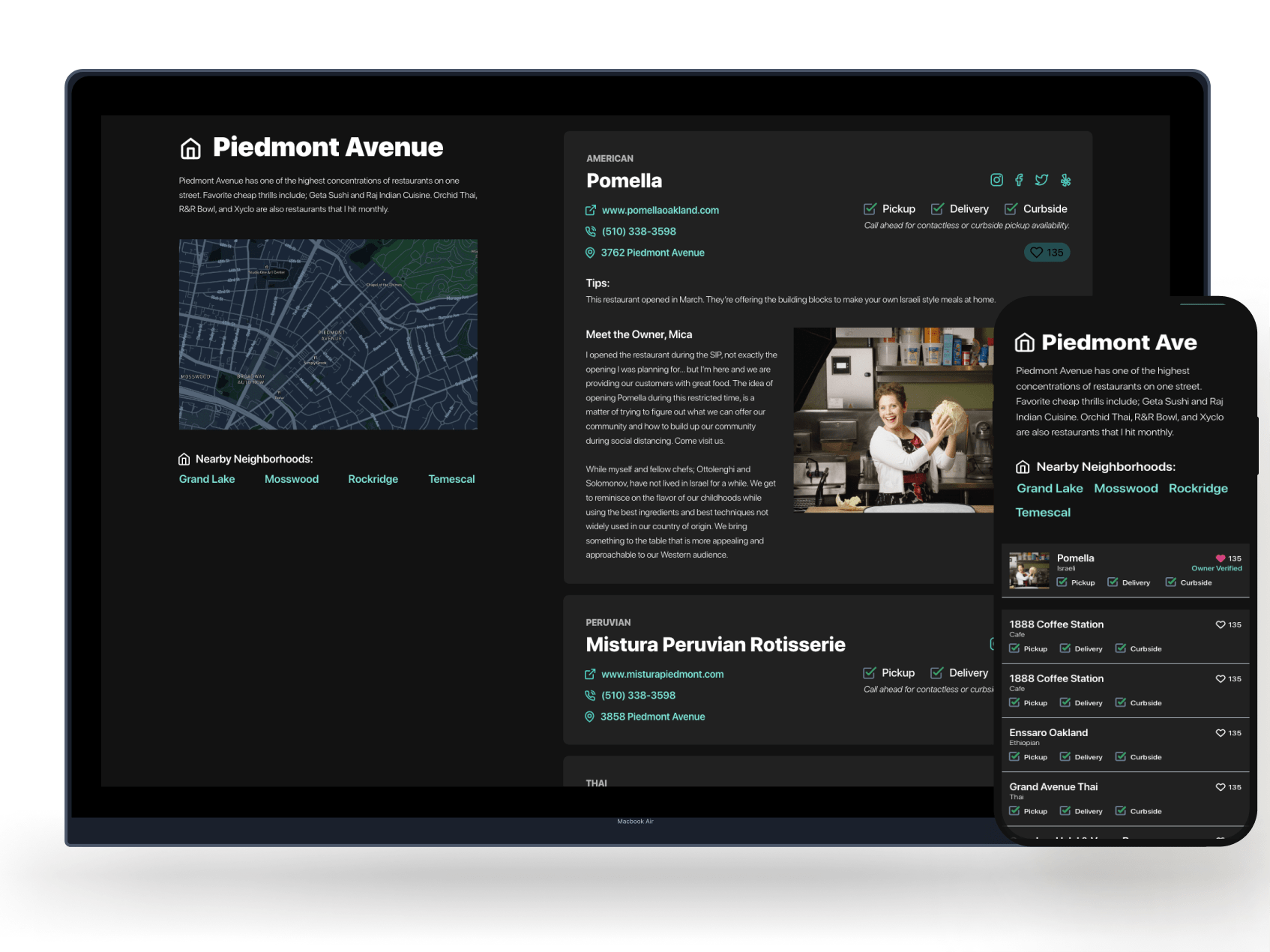 Dark mode high-fidelity mockup focused on a new restaurant that opened during Covid lockdown